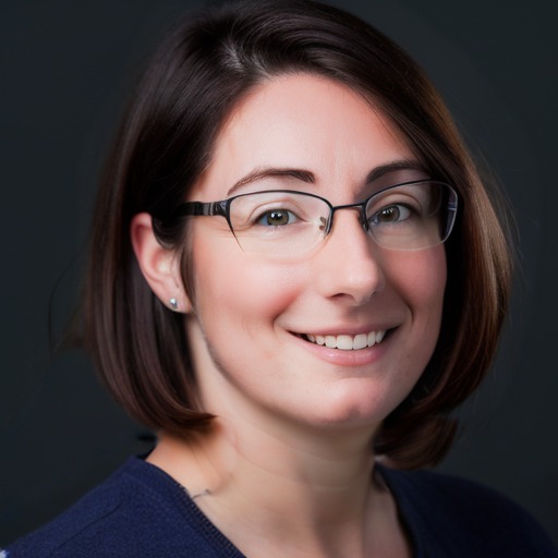 Portrait of Shannon Austin, smiling, wearing glasses and a navy sweater