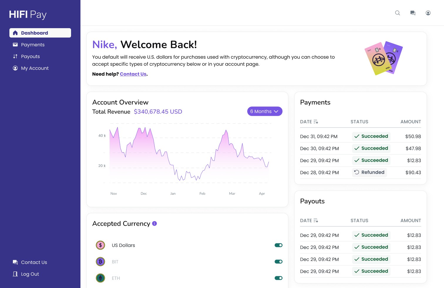 HIFI Pay merchant dashboard showing account overview, revenue chart, accepted currencies, payments and payouts