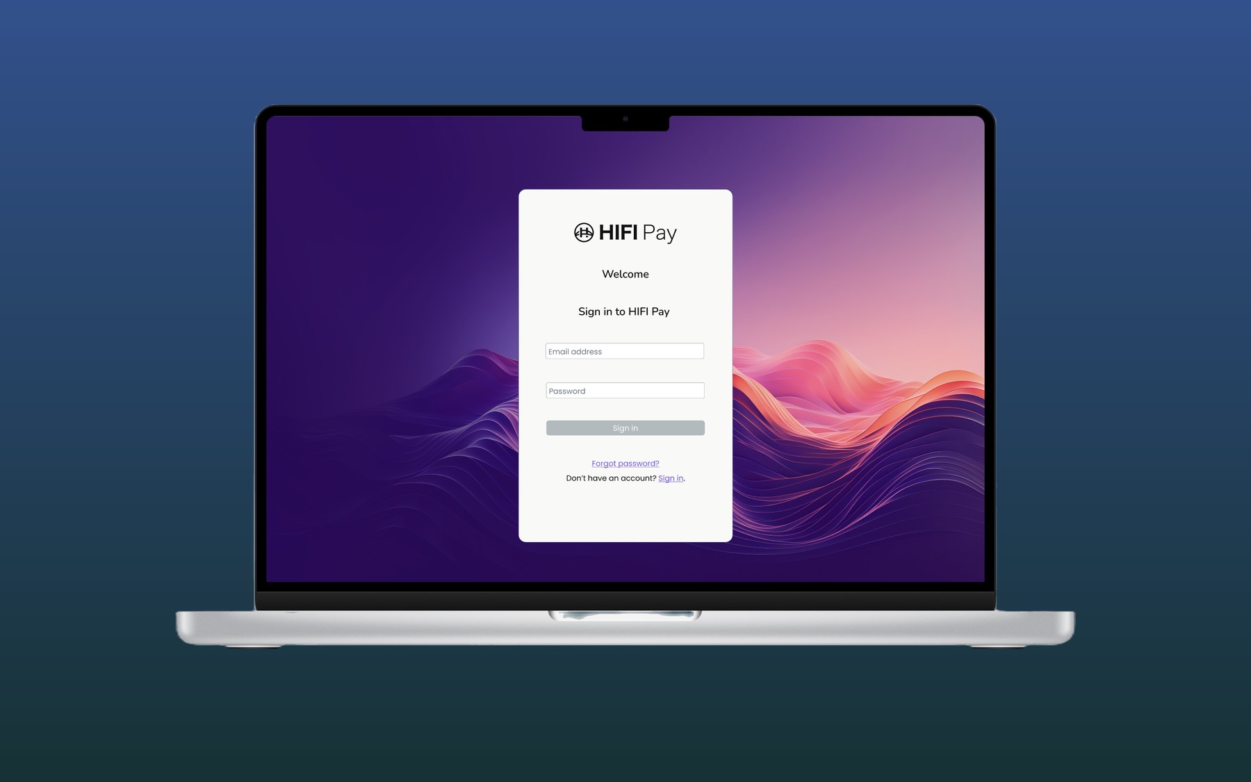 HIFI Pay merchant sign-in screen shown on a laptop, purple and pink gradient background