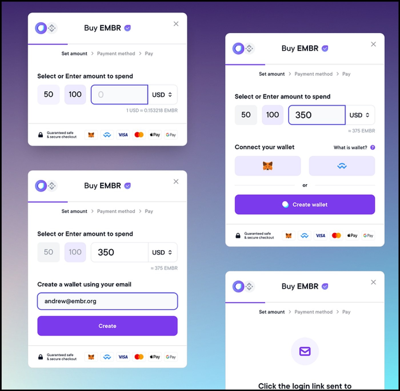 Embeddable Buy EMBR pay widget: set amount, connect wallet or create one by email, in a few steps