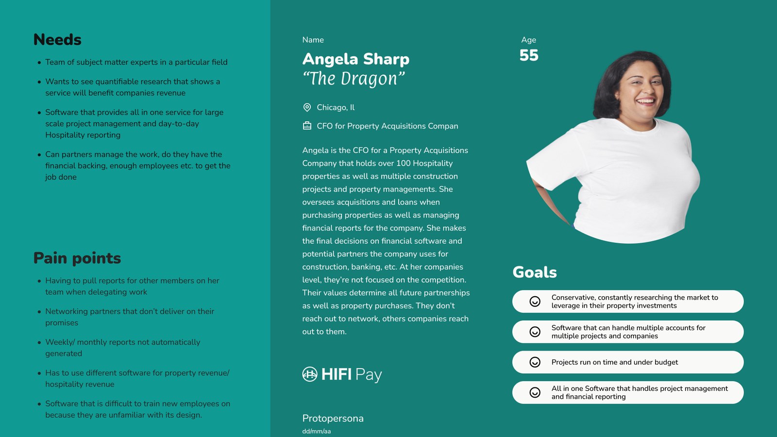 Proto-persona: Angela Sharp, The Dragon, CFO for a property acquisitions company, age 55