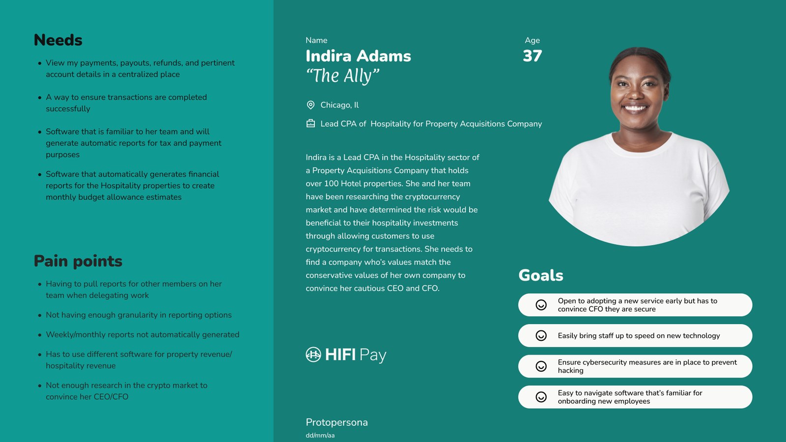 Proto-persona: Indira Adams, The Ally, Lead CPA of Hospitality, age 37
