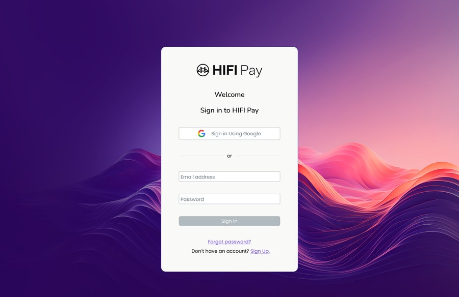 HIFI Pay merchant sign-in screen with Google SSO and email/password options
