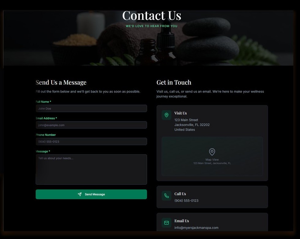 Myers Jackman contact page with a short contact form and a Get in Touch sidebar
