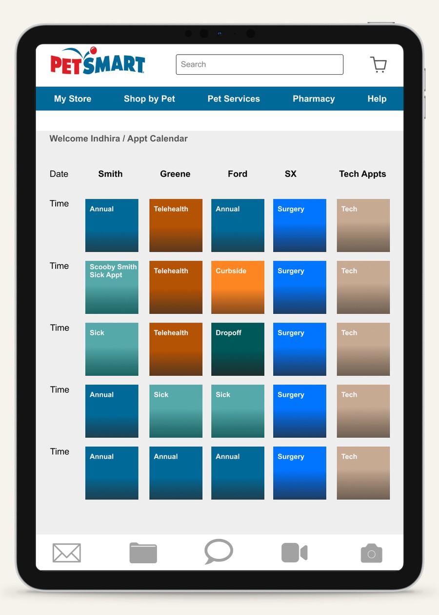 Appointment calendar for Dr. Smith, Greene, Ford, SX, and Tech Appts, color-coded by appointment type, reusing PetSmart's brand colors