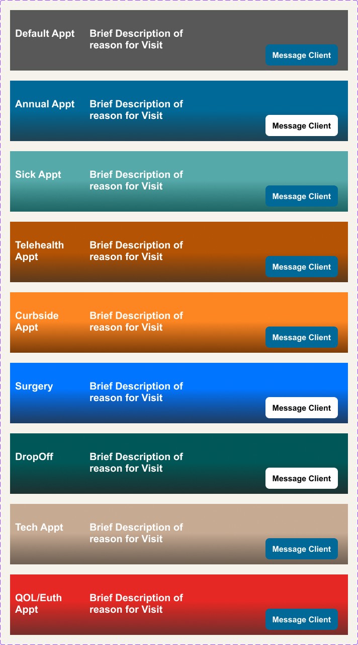 Appointment type legend with nine color-coded categories: Default, Annual, Sick, Telehealth, Curbside, Surgery, DropOff, Tech, and QOL/Euth