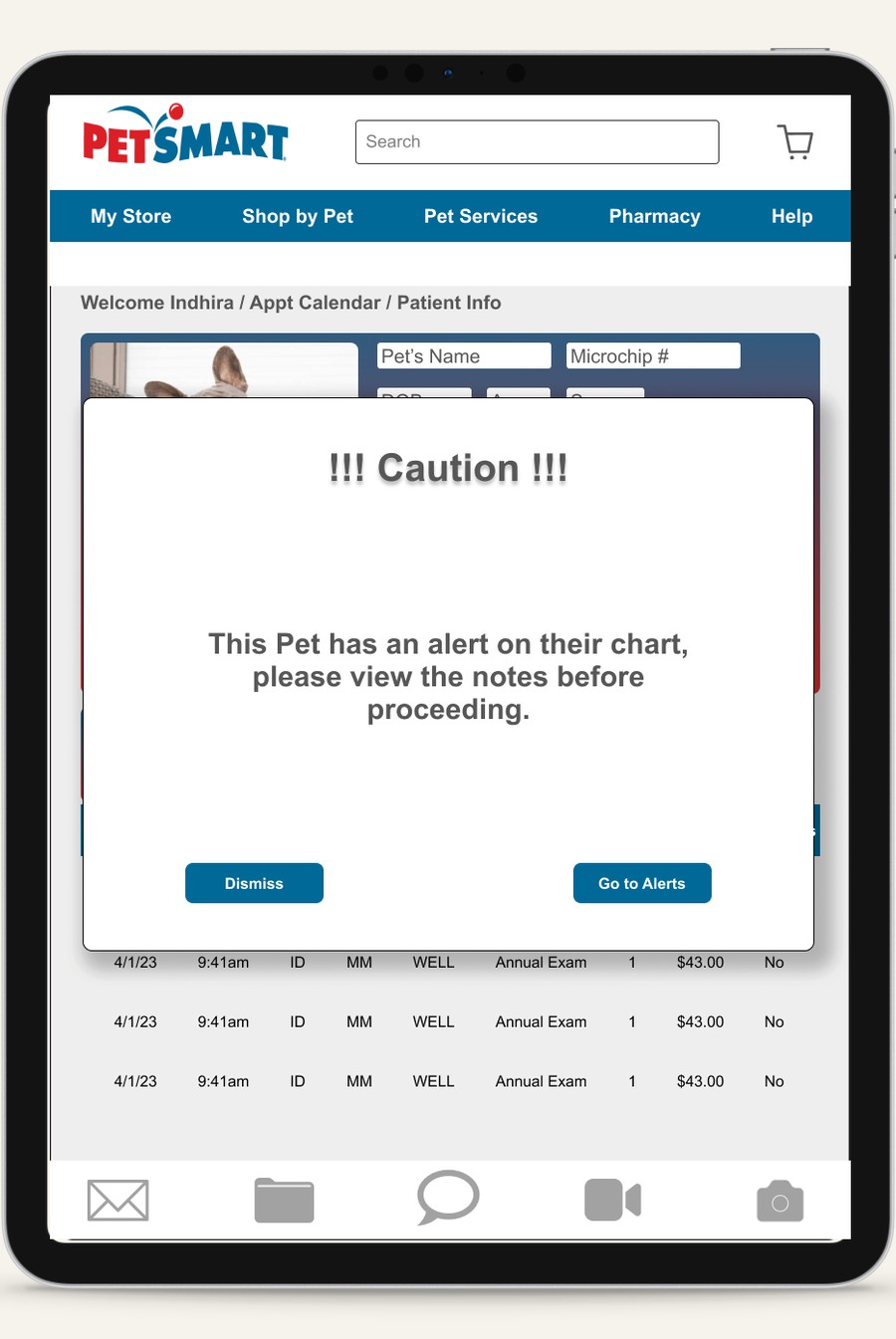 Caution pop-up: this pet has an alert on their chart, please view the notes before proceeding, with Dismiss and Go to Alerts buttons