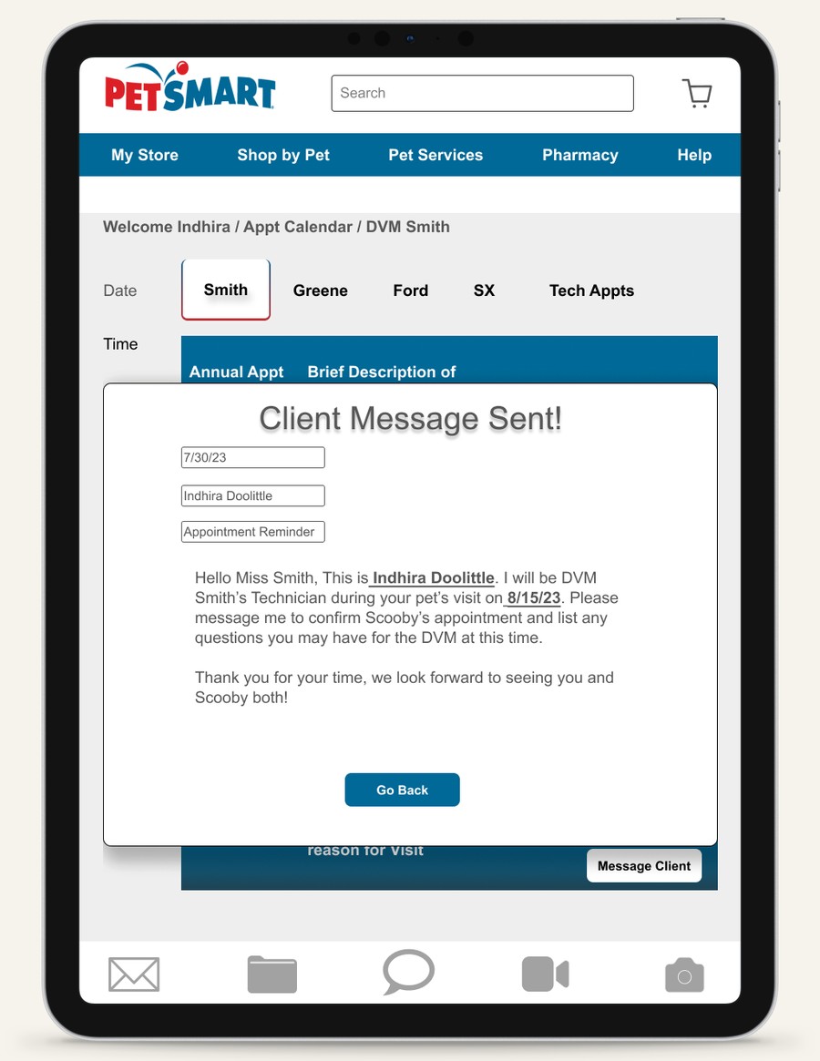 Client message sent confirmation: Indhira Doolittle messaging a client an appointment reminder for Scooby through the in-app direct-messaging feature