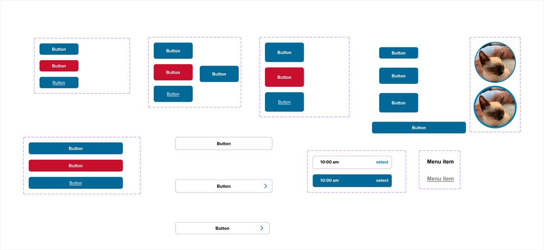 UI component library: primary, secondary, and tertiary button styles, list items, and time-slot selectors