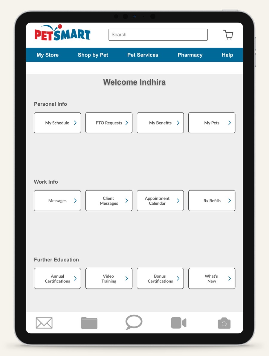 Employee home screen for Indhira: My Schedule, PTO Requests, My Benefits, My Pets, Messages, Client Messages, Appointment Calendar, Rx Refills, and further education links
