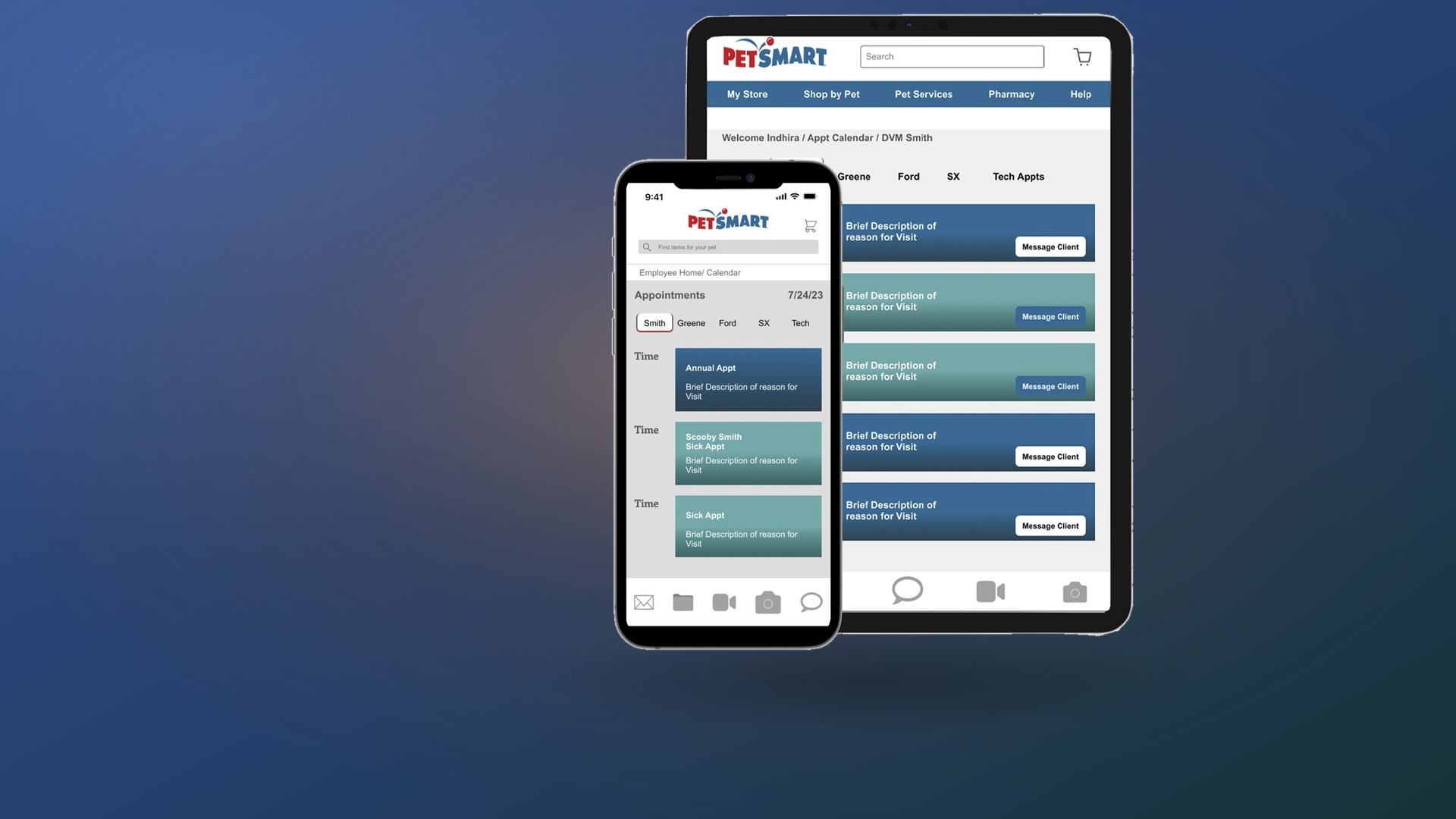 PetSmart employee-side CRM shown on tablet and phone, with a color-coded appointment calendar for Dr. Smith, against a navy-to-teal brand gradient