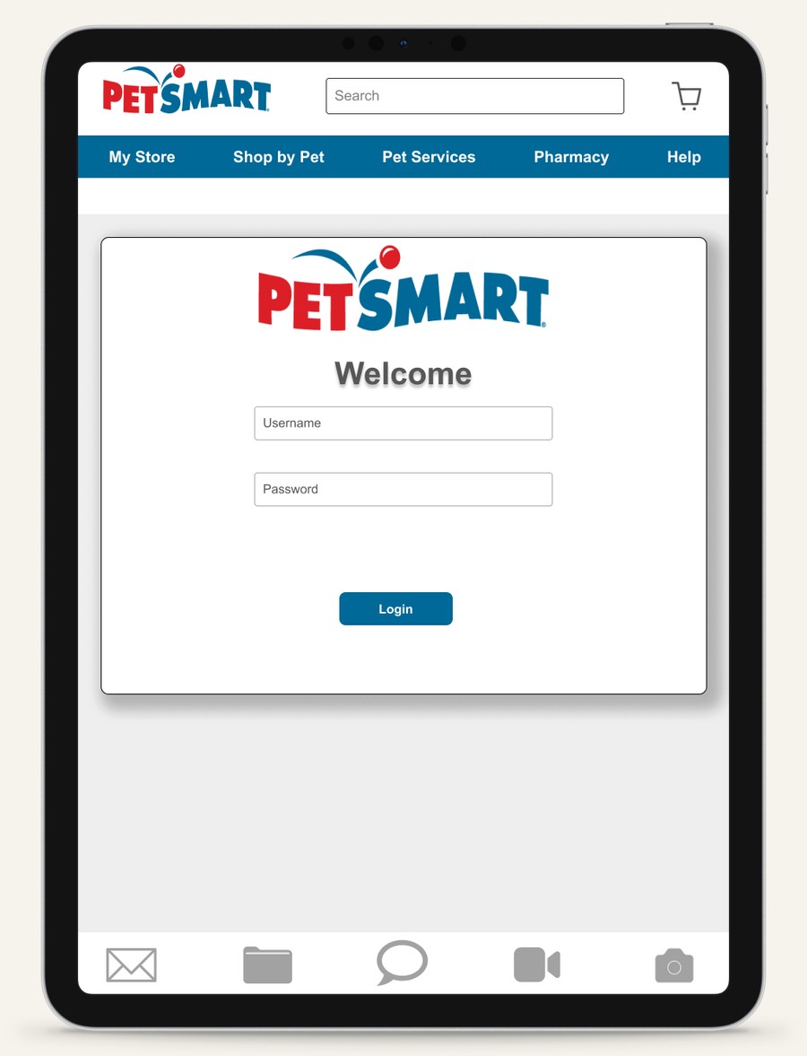 PetSmart employee login screen with username, password, and login button
