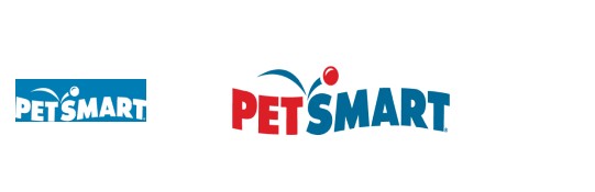 PetSmart logo comparison, an earlier blue-only mark next to the current red and blue logo