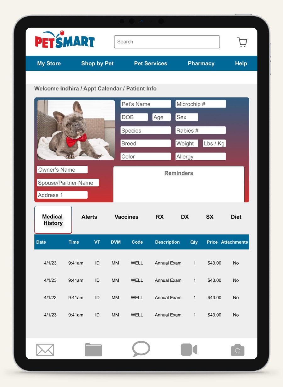 Medical history table listing annual exam visits with date, time, vet tech, DVM, code, description, quantity, price, and attachments
