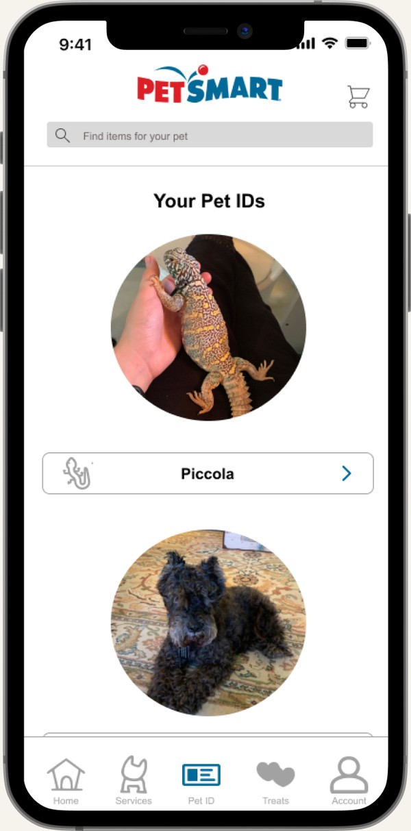Mobile Pet IDs screen showing two real pets on the account: Piccola the bearded dragon and a black terrier