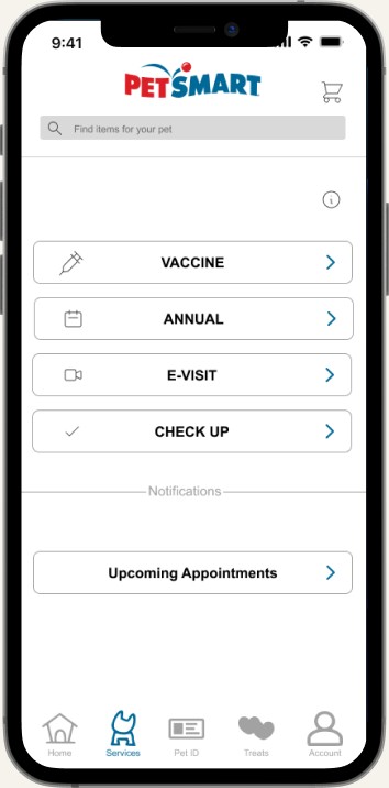 Mobile Services screen with Vaccine, Annual, E-Visit, and Check Up options, plus upcoming appointments