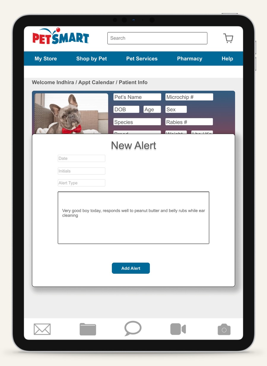 New Alert form with date, initials, alert type, and a note field, plus an Add Alert button