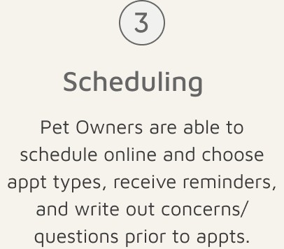 Solution card 3: Scheduling — pet owners are able to schedule online and choose appointment types, receive reminders, and write out concerns prior to appointments