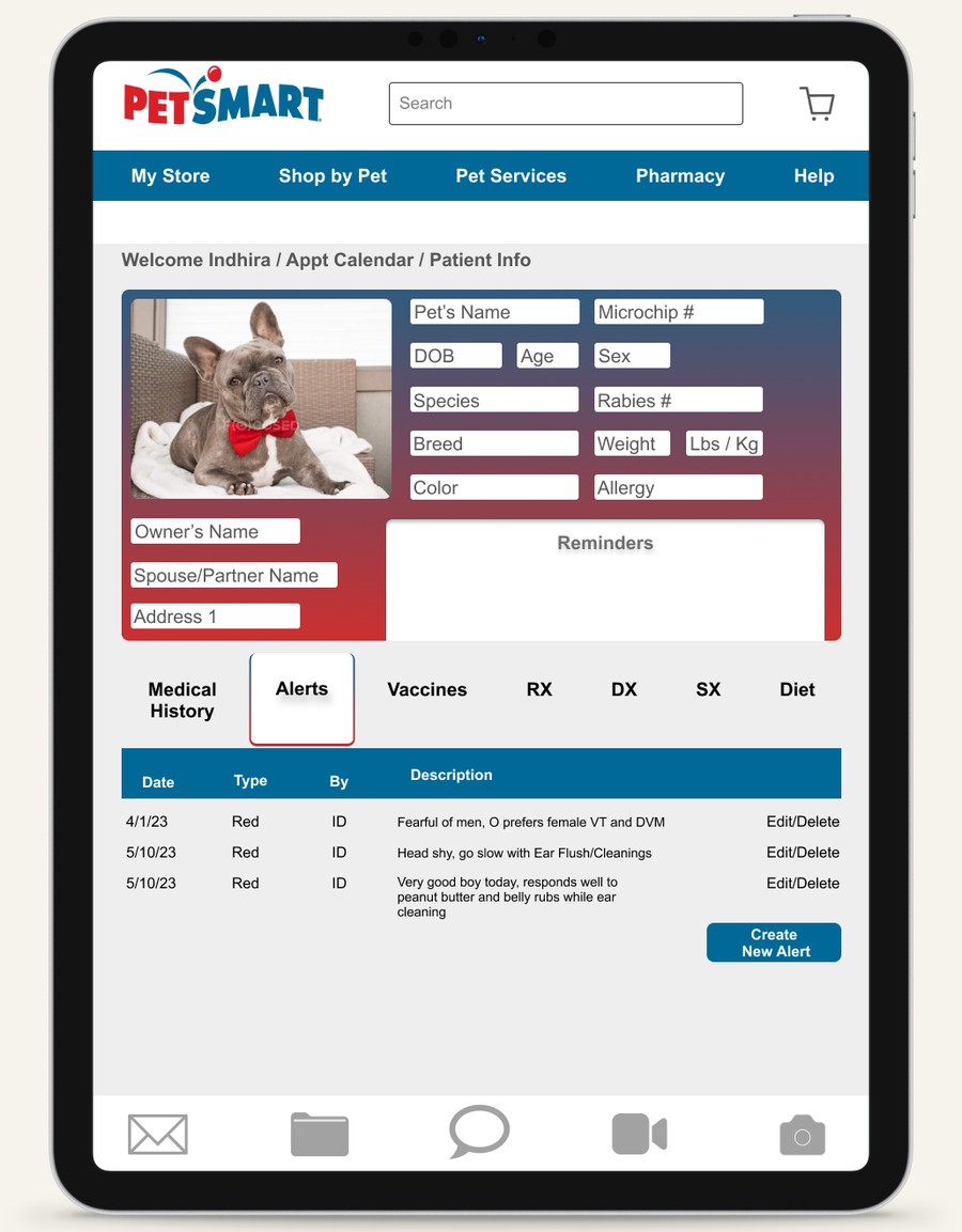 Patient info screen, Alerts tab, showing three logged alerts including a note that the pet responds well to peanut butter and belly rubs during ear cleaning