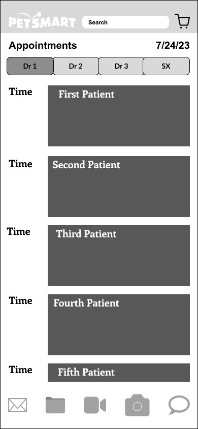 Low-fidelity grayscale wireframe of an appointments list with numbered patient slots and no color coding