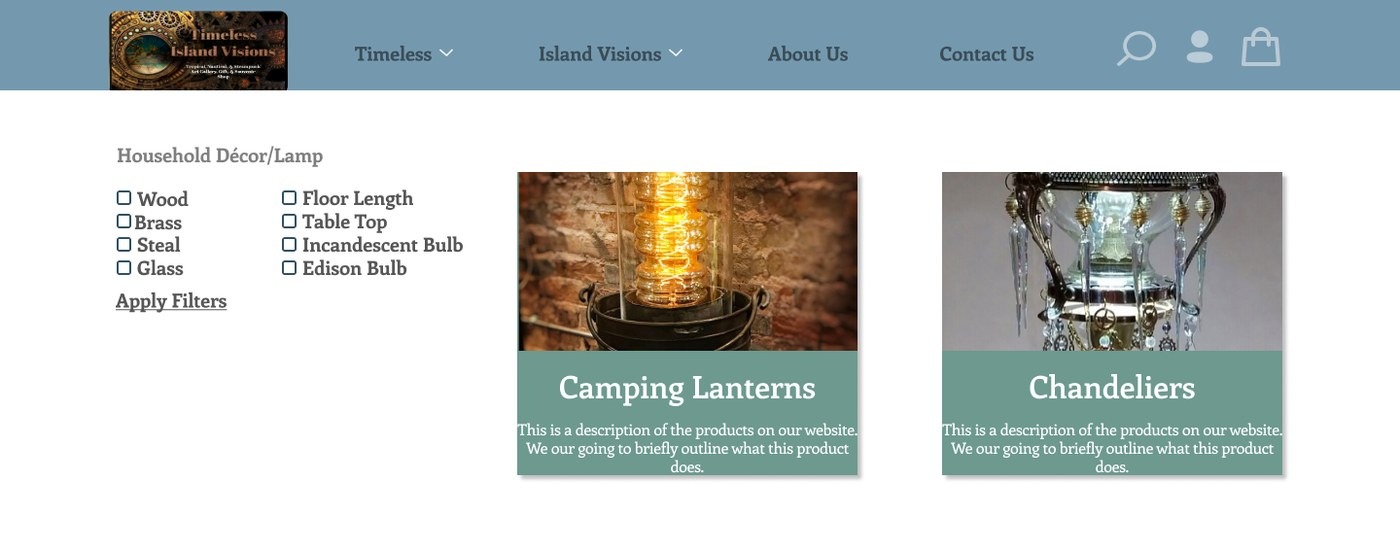 Household Décor category page with a Lamp filter sidebar and four sub-category cards: Camping Lanterns, Chandeliers, Creator's Picks, Sculpture Lighting