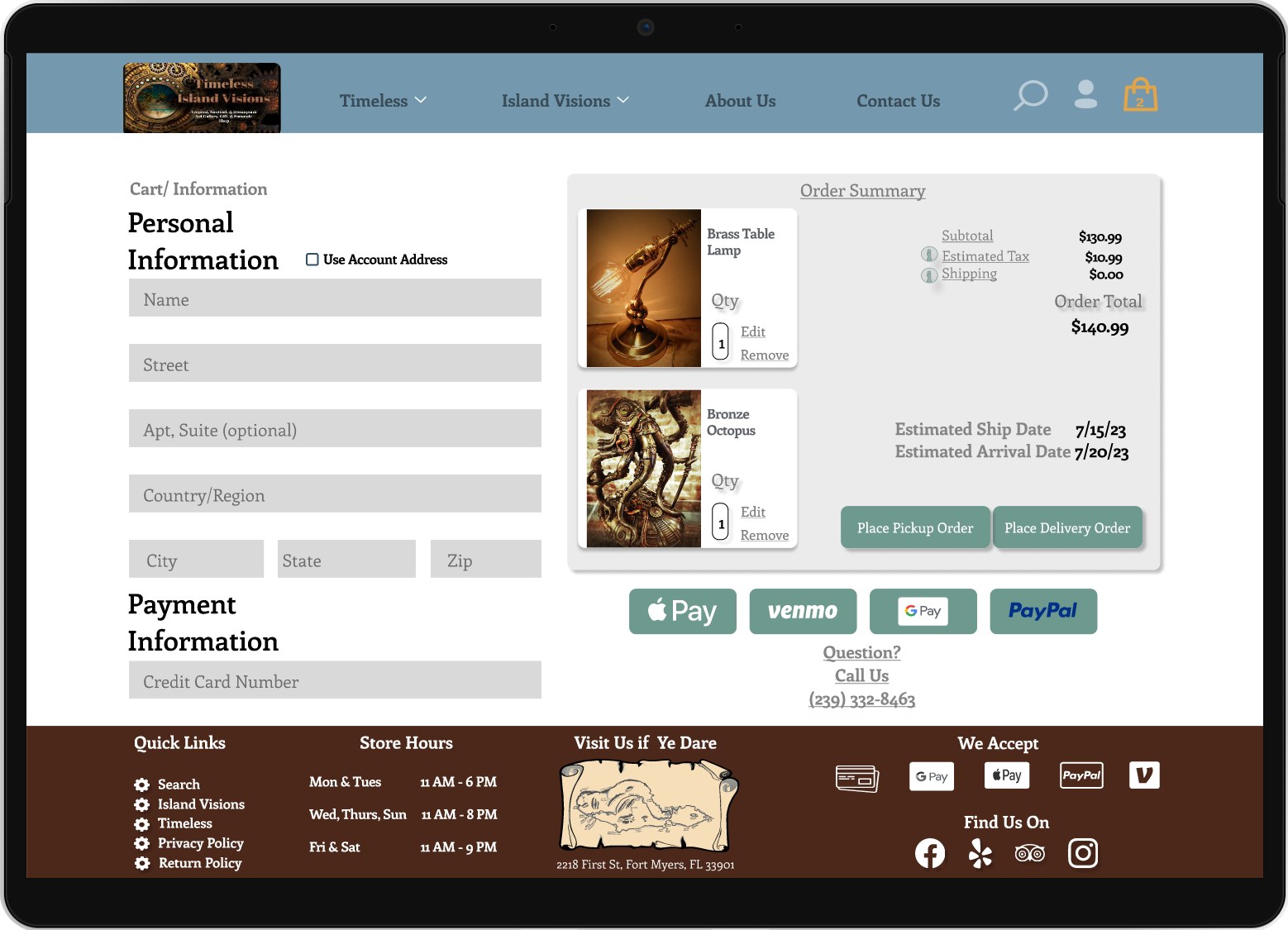 Checkout screen with personal information form and order summary, including a local pickup or delivery option and multiple payment methods