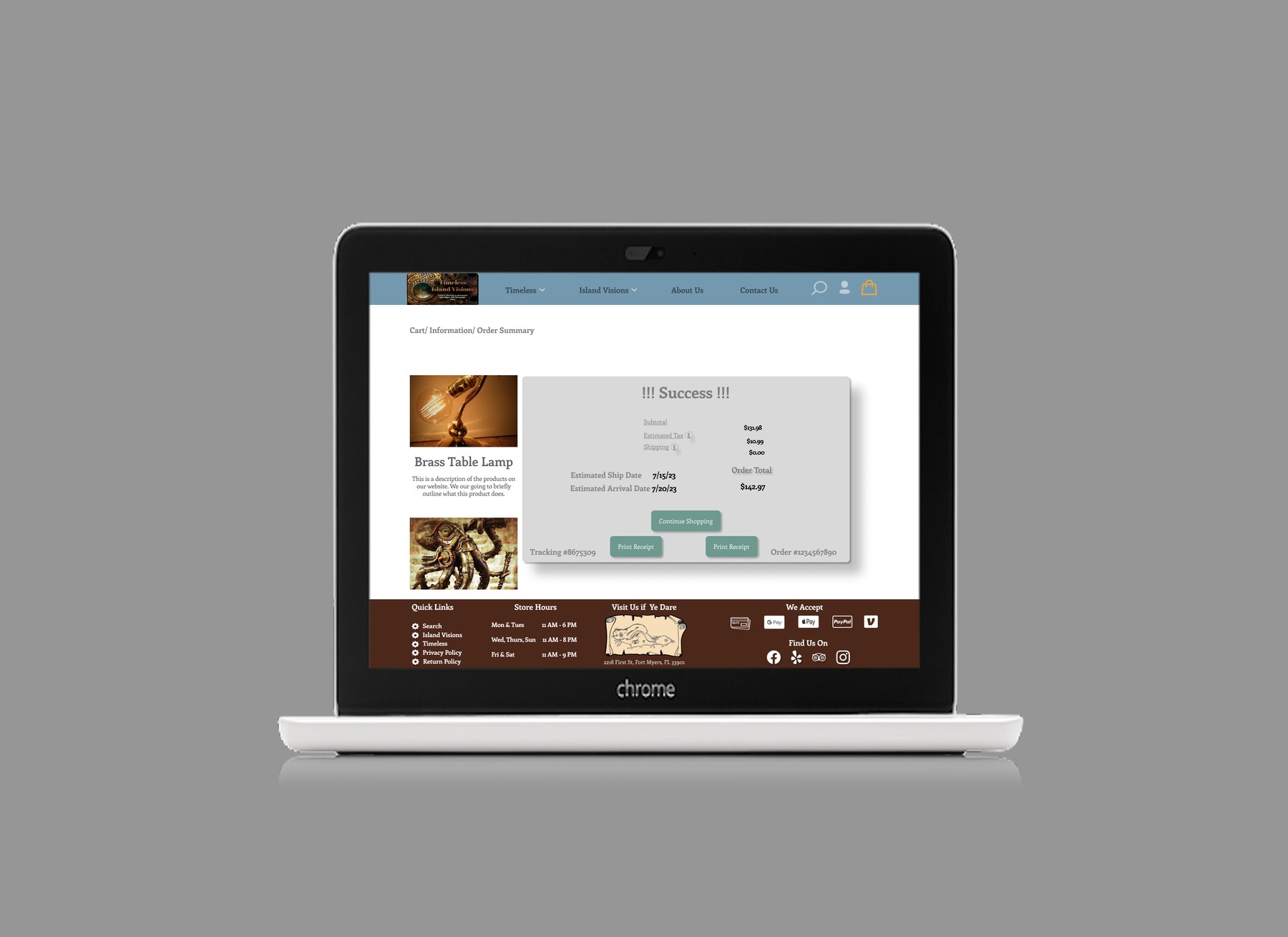 Order success page with tracking number, order number, receipt, and order total after checkout