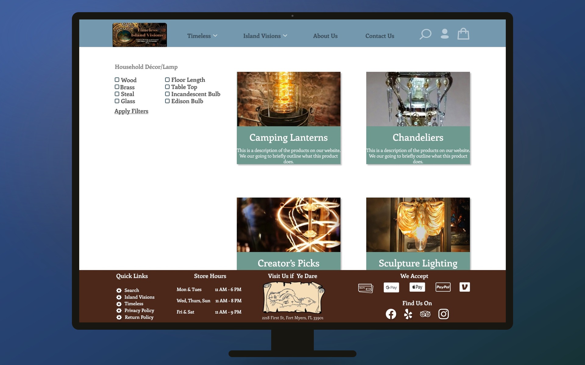 Timeless Island Visions Household Décor category page with a filter sidebar and four sub-category cards — Camping Lanterns, Chandeliers, Creator's Picks, and Sculpture Lighting — shown on a desktop monitor against a navy-to-teal brand gradient